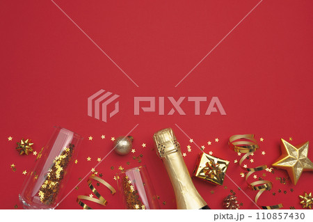 Christmas background with golden decoration on color background, space for text Christmas background with golden decoration on color background, space for text 110857430