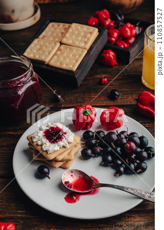 Hot Fruit Sauce and Ricotta on Crackers Hot Fruit Sauce and Ricotta on Crackers 110857527
