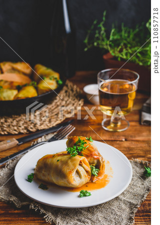 Portion of Cabbage Rolls Stuffed with Ground Meat 110857718
