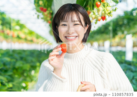 イチゴ狩りをする女性　いちご狩りをする女性 110857835