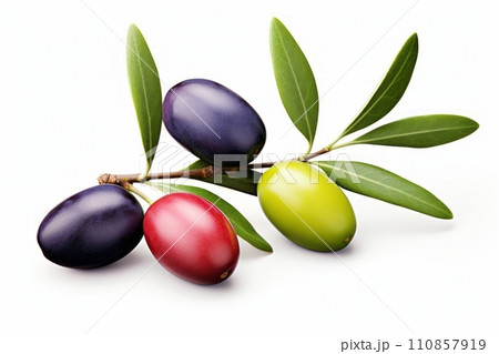 Fresh olives with leaves close-up on white background Fresh olives with leaves close-up on white background 110857919