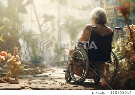 An elderly woman sitting in a wheelchair in the garden, a sick senior woman 110858014