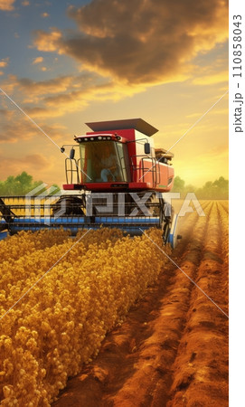 Combine harvester in a soybean field harvesting soybeans at sunset Combine harvester in a soybean field harvesting soybeans at sunset 110858043