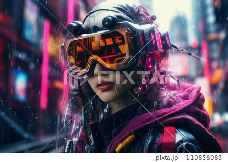 A young girl in cyberpunk style clothing against the background of a brightly glowing neon purple city 110858083