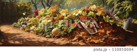 Backyard compost pile at home, organic fertilizer, composting, banner 110858084
