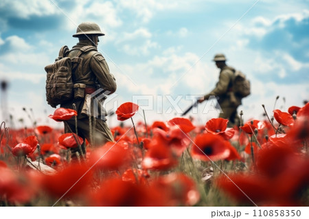 Poppy flowers on a field with soldiers, memorial poppies in memory of fallen soldiers in the war 110858350