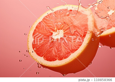 Grapefruit in a splash of water and grapefruit juice on a pink background 110858366