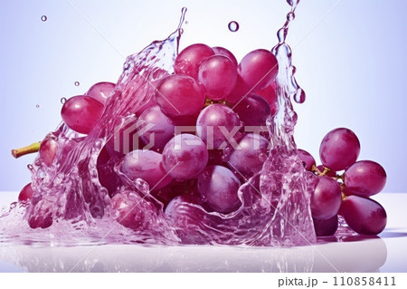 Purple grapes in a splash of water and grape juice on a white background 110858411