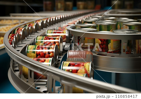 Canned food factory, cans with their contents move on a conveyor belt for labeling and marking Canned food factory, cans with their contents move on a conveyor belt for labeling and marking 110858417
