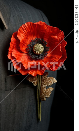 Poppy flower in the buttonhole of a man's jacket, a remembrance poppy in memory of fallen soldiers in the war 110858443