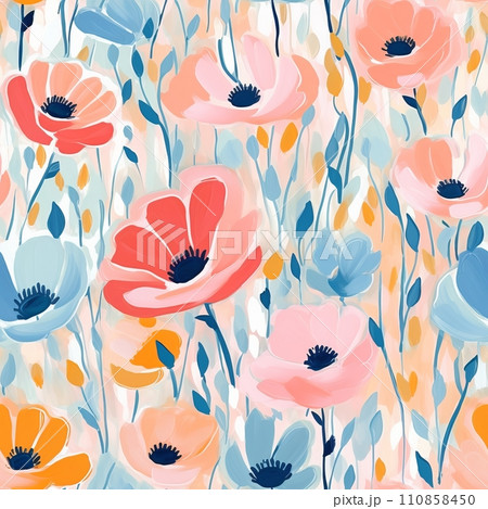 Acrylic illustration of bright summer colors, seamless pattern with acrylic flowers 110858450