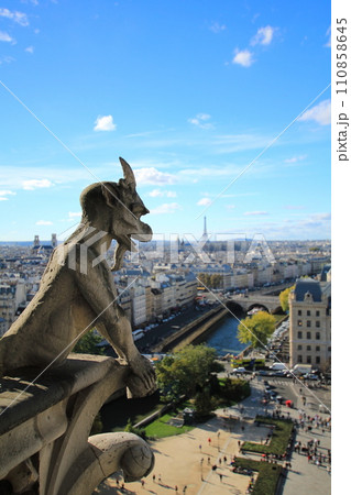 ガーゴイルと一緒にノートルダム大聖堂から眺めるパリの街並みと青空(フランス パリ) ガーゴイルと一緒にノートルダム大聖堂から眺めるパリの街並みと青空(フランス パリ) 110858645
