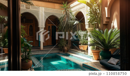 Patio with swimming pool in luxury riad in Morocco 110858750