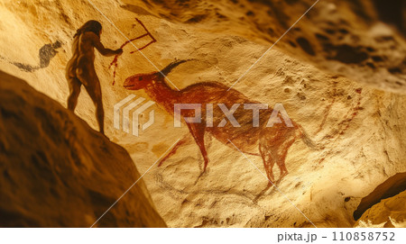 Prehistoric caveman neanderthal painting primitive art in cave 110858752