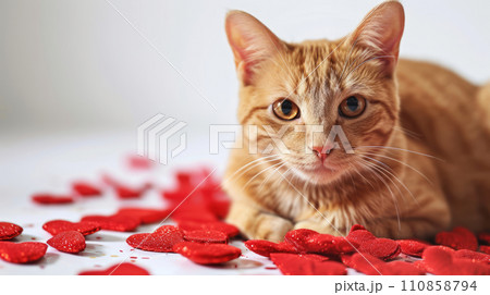 AI-generated content. Lonely red March cat with red hearts on a white blurry background. Studio portrait of a pet. 110858794