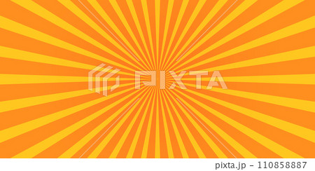 Radial yellow and orange stripes horizontal background. Sunburst, starburst, sunshine, sunrise pattern. Surprise, speed, flash or explosion cartoon effect. Pop art wallpaper 110858887
