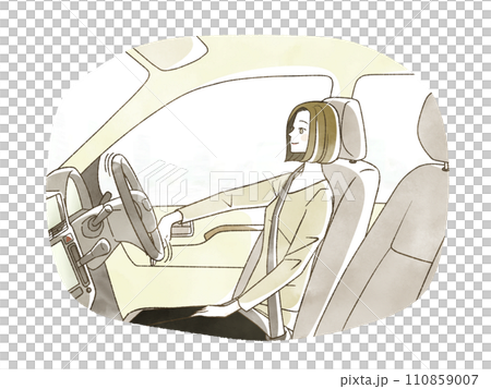 A woman driving in a self-driving car 110859007