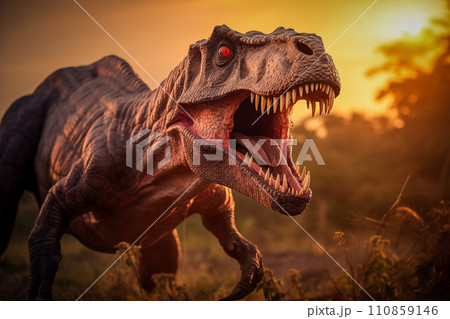 Tyrannosaurus rex roaring in a prehistoric forest with ferns and sunlight Tyrannosaurus rex roaring in a prehistoric forest with ferns and sunlight 110859146
