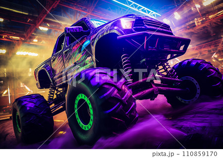 Neon-Lit Monster Truck at Show 110859170