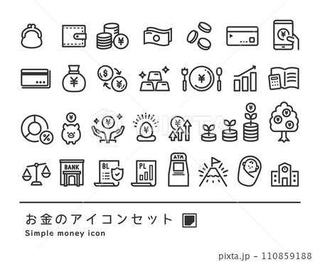 お金のアイコンセット _ ( シンプル ベクター 背景透過 線画 モノクロ 黒 )	 110859188