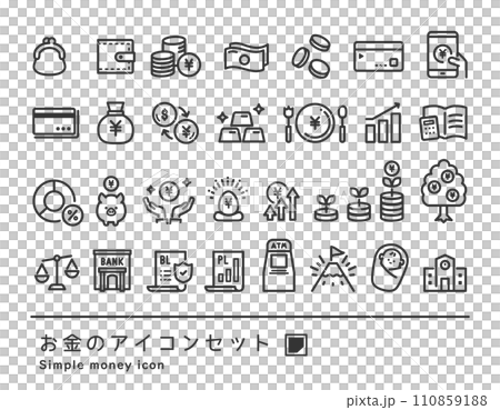 お金のアイコンセット _ ( シンプル ベクター 背景透過 線画 モノクロ 黒 )	 110859188