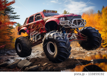 Monster Truck driving off-road outdoors 110859192
