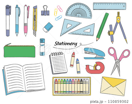 手描きの文房具ベクターイラストセット 110859302