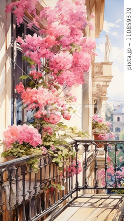 Watercolor illustration of summer flowers on balcony or terrace, flowers in pots, home decoration with flowers 110859319