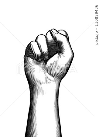 Black engraving human fist wrist hand up illustration on white BG Black engraving human fist wrist hand up illustration on white BG 110859436