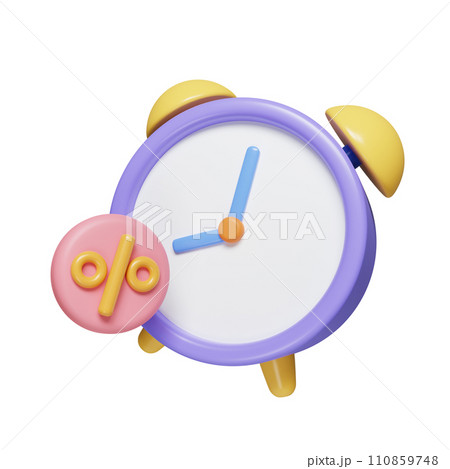 3d alarm clock with percent discount round label tag. Special discount offer. time to discount. icon isolated on white background. 3d rendering illustration. Clipping path. 3d alarm clock with percent discount round label tag. Special discount offer. time to discount. icon isolated on white background. 3d rendering illustration. Clipping path. 110859748