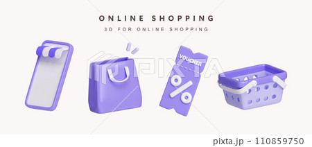 3d Set of purple shopping online concept. icon isolated on white background. 3d rendering illustration. Clipping path. 3d Set of purple shopping online concept. icon isolated on white background. 3d rendering illustration. Clipping path. 110859750