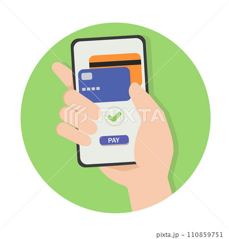 Contactless cashless payment with virtual credit card on mobile phone. Hand paying approve success with POS terminals and NFC technology. vector illustration isolated on white background Contactless cashless payment with virtual credit card on mobile phone. Hand paying approve success with POS terminals and NFC technology. vector illustration isolated on white background 110859751