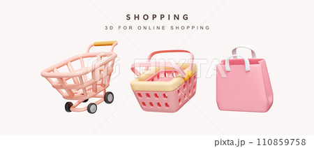 3d cart, basket and shopping bag. Set for shopping concept. icon isolated on white background. 3d rendering illustration. Clipping path. 3d cart, basket and shopping bag. Set for shopping concept. icon isolated on white background. 3d rendering illustration. Clipping path. 110859758