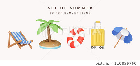 3d Set of summer icon for summer vacation concept. icon isolated on white background. 3d rendering illustration. Clipping path. 110859760