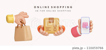 3d Set of shopping online concept. icon isolated on white background. 3d rendering illustration. Clipping path. 110859766