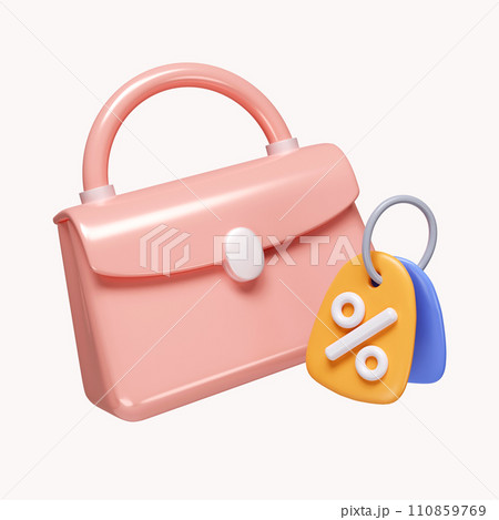 3d handbag with discount tag. promotion sale, shopping online concept. icon isolated on white background. 3d rendering illustration. Clipping path. 110859769