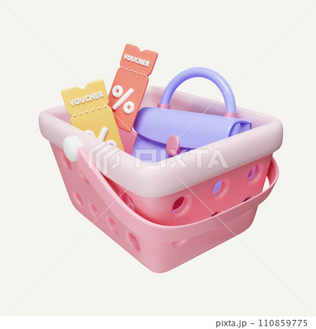 3D Shopping cart with bag and discount coupon . Online shopping. E-commerce and digital marketing concept. Sale of goods. icon isolated on white background. 3d rendering illustration. Clipping path. 110859775