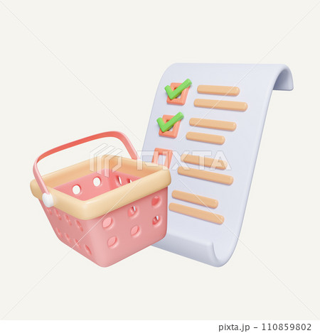 Shopping list with correct mark and shopping basket. Order checklist task clipboard for store. sell plan. icon isolated on white background. 3d rendering illustration. Clipping path. 110859802