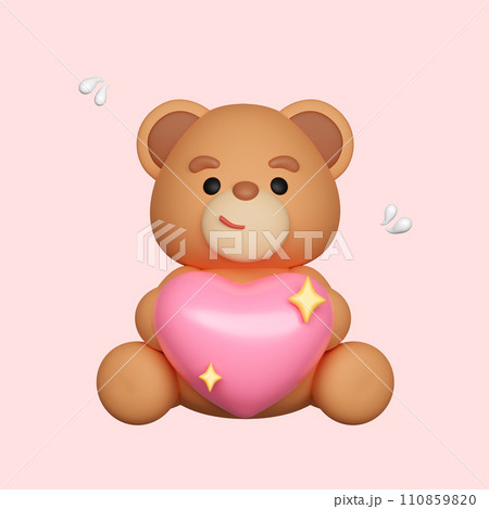 3D toy teddy bear holding a heart. Congratulation to wedding or Valentine's Day. Isolated on ping background. clipping path. 3d render Illustration 110859820