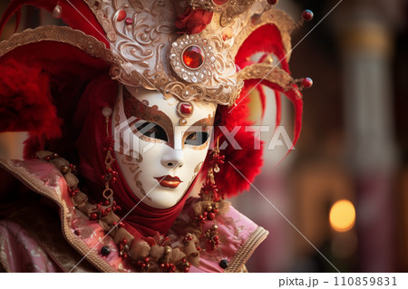 Elegant Person in Vibrant Carnival Costume and Mask at Venice Festival 110859831