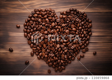 Heart-Shaped Coffee Beans on Wooden Background 110859868