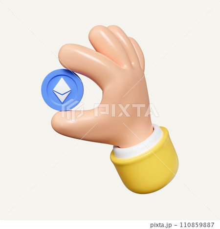 3D hand hold cryptocurrency coin. Investing in cryptocurrency. Crypto mining and trading. Blockchain technology concept. icon isolated on white background. 3d rendering illustration. Clipping path. 3D hand hold cryptocurrency coin. Investing in cryptocurrency. Crypto mining and trading. Blockchain technology concept. icon isolated on white background. 3d rendering illustration. Clipping path. 110859887