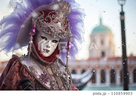 Elegant Person in Vibrant Carnival Costume and Mask at Venice Festival Elegant Person in Vibrant Carnival Costume and Mask at Venice Festival 110859903
