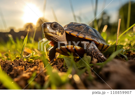 Sunlit Cute Little Turtle Outdoors 110859907
