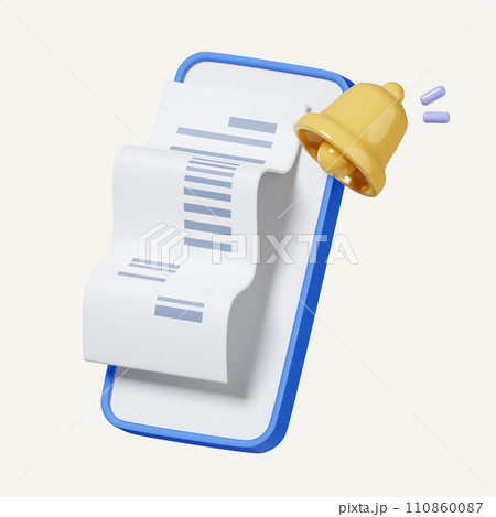 3d Payment online on mobile phone with bell notification. transaction online, business finance, bill payment. icon isolated on white background. 3d rendering illustration. Clipping path. 110860087