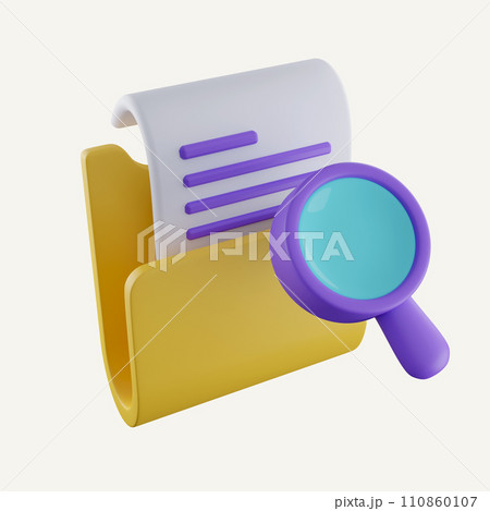 3d Magnifying glass and yellow folder with files. concept of document search. search file storage database via magnifier. icon isolated on white background. 3d rendering illustration. Clipping path 3d Magnifying glass and yellow folder with files. concept of document search. search file storage database via magnifier. icon isolated on white background. 3d rendering illustration. Clipping path 110860107