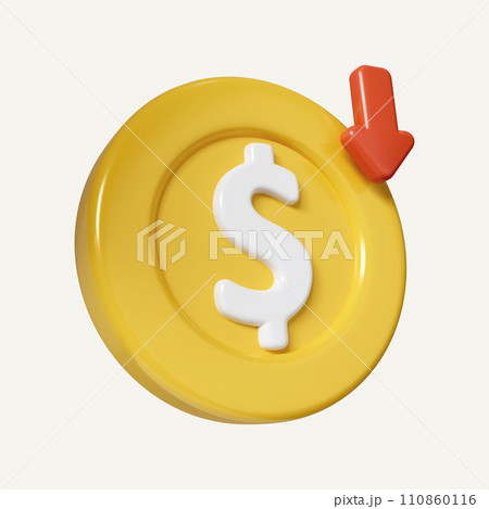3d Dollar coin with down arrow. Economy, finance, money. money value down. icon isolated on white background. 3d rendering illustration. Clipping path 110860116