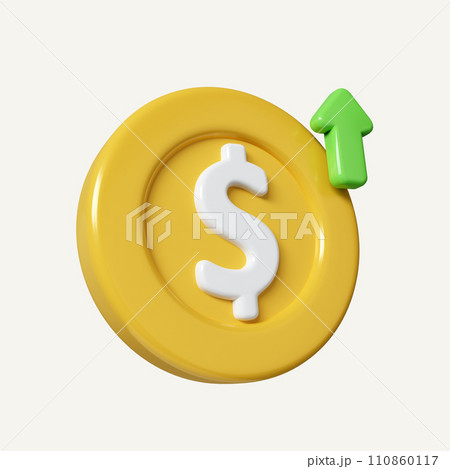 3d Dollar coin and arrow up. Currency exchange rate growth. money value up. icon isolated on white background. 3d rendering illustration. Clipping path. 110860117
