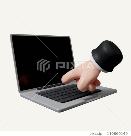 3D Computer laptop with hand finger presses on keyboard button. Typing on notebook. icon isolated on white background. 3d rendering illustration. Clipping path. 3D Computer laptop with hand finger presses on keyboard button. Typing on notebook. icon isolated on white background. 3d rendering illustration. Clipping path. 110860149