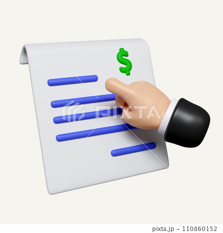 3d hand pointing at financial documents. icon isolated on white background. 3d rendering illustration. Clipping path. 110860152
